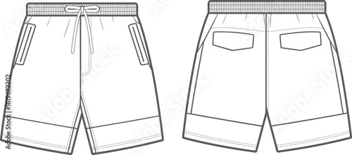 Sporty Men's Drawstring Shorts Flat Lay Mockup Front and Back View, Featuring Elastic Waistband and Side Pockets, Ideal for Athletic Wear and Casual Apparel Design Templates.