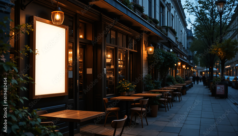 Naklejka premium frame poster mockup promotion design. Blank empty frame advertising banner, frame template mock up displayed at the front of cafe bar restaurant or coffee shop