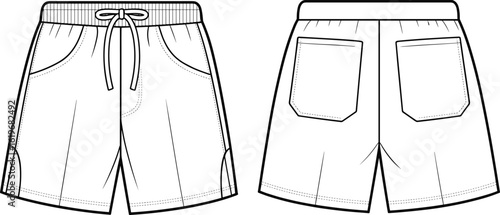 Comfortable Unisex Drawstring Shorts Flat Lay Mockup Front and Back View with Elastic Waistband and Pockets, Ideal for Sportswear, Loungewear, and Casual Apparel Design Templates.