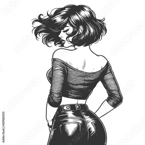 fashionable woman short wavy hair, off-shoulder top, and high-waisted jeans, posing confidently sketch engraving generative ai fictional character vector illustration. Scratch board. Black and white.