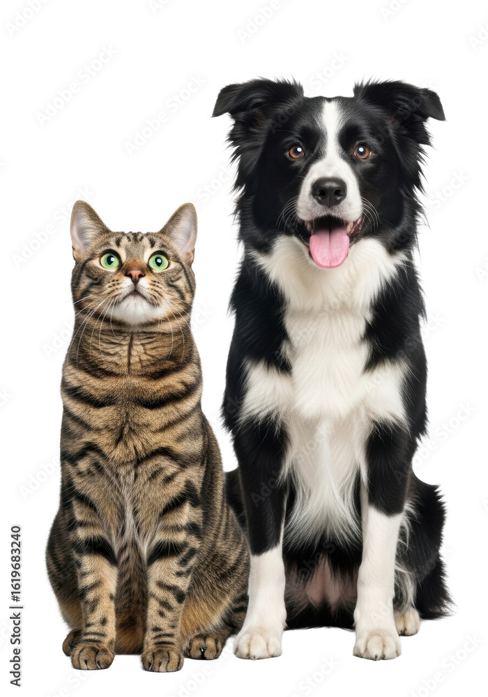 Fototapeta premium a curious brown and black striped tabby cat with emerald eyes and a happy black and white Border Collie panting, sitting side-by-side on a transparent studio background with copy space, clean