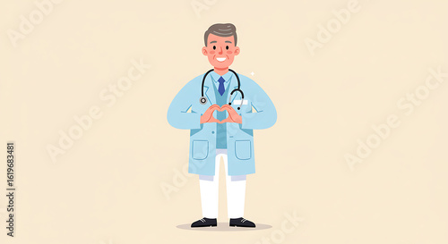 Friendly Doctor Making Heart Shape with Hands, Medical Professional Illustration