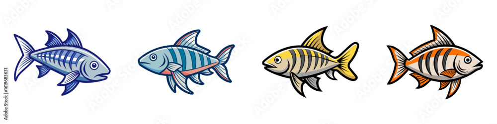 Fototapeta premium Set of colorful cartoon striped fish illustrations-Collection of four illustrated striped fish in vibrant colors, ideal for aquarium themes, marine life, seafood, fishing, and ocean wildlife designs.