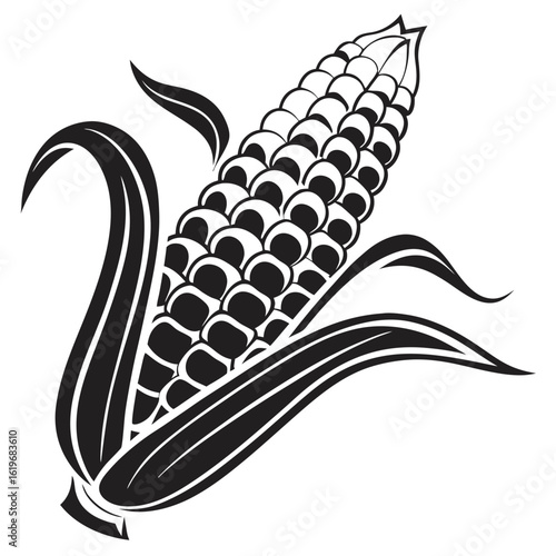 Stylized black and white illustration of a corn cob with leaves maize grain 1