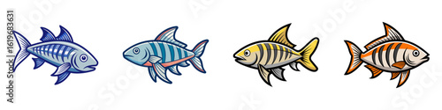 Set of colorful cartoon striped fish illustrations-Collection of four illustrated striped fish in vibrant colors, ideal for aquarium themes, marine life, seafood, fishing, and ocean wildlife designs.