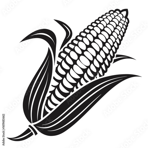 Stylized black and white illustration of a corn cob with leaves maize grain
