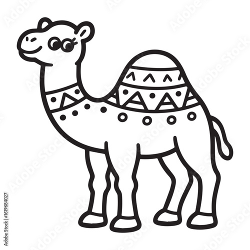 A black and white line art illustration of a cheerful dromedary camel with a single hump, depicted in a friendly cartoon style. 