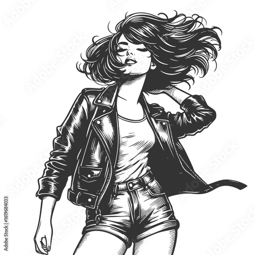 woman in a leather jacket, tube top, and shorts with flowing bob hairstyle and bold attitude sketch engraving generative ai fictional character vector illustration. Scratch board. Black and white.