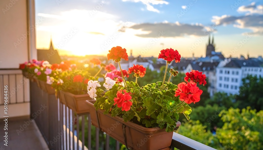 Fototapeta premium Balcony Geraniums Blooming with Cityscape Backdrop at Golden Hour Sunset