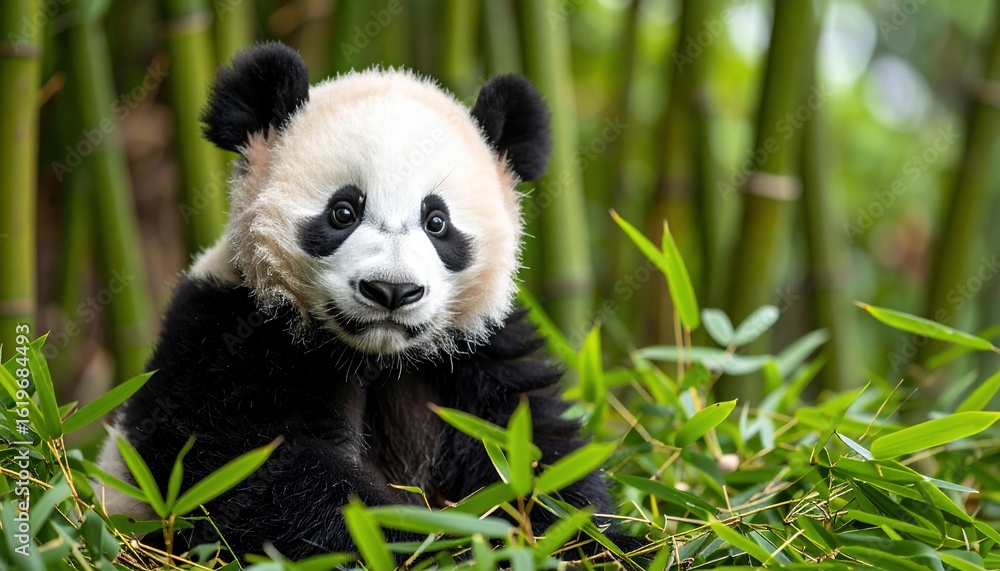 Fototapeta premium Adorable Panda Cub Amidst Lush Bamboo