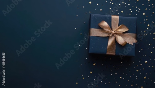 Wallpaper Mural A navy blue gift box with a gold ribbon bow sits on a dark navy background sprinkled with gold stars Torontodigital.ca