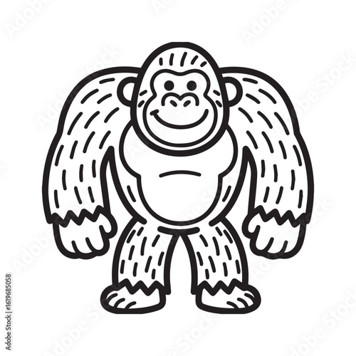 A black and white line art illustration of a cheerful gorilla with broad shoulders and a gentle, friendly smile, rendered in a simplified cartoon style perfect for children. 