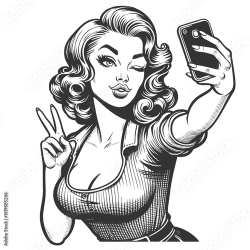 playful woman taking a selfie with a smartphone, winking and smiling confidently sketch engraving generative ai fictional character vector illustration. Scratch board imitation. Black and white image.