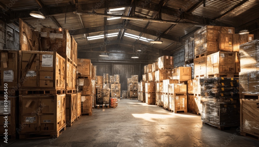 Fototapeta premium Sunlit warehouse interior, filled with stacked cardboard boxes