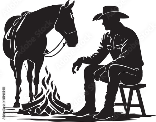 Silhouette of cowboy and horse by campfire
