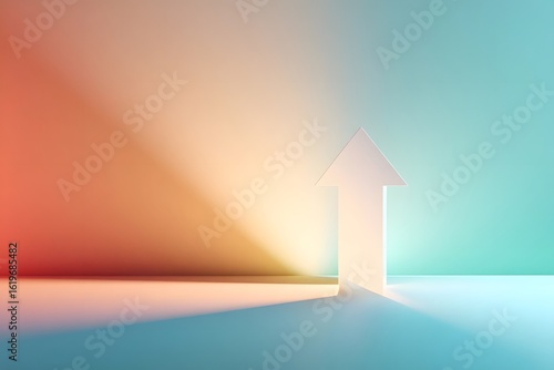 A colorful upward arrow pointing towards light in a gradient background.