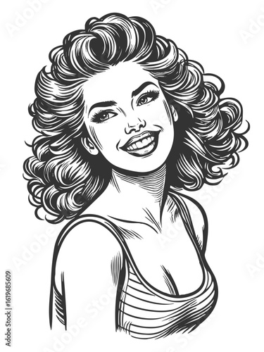 cheerful woman with voluminous curly hair, wearing a striped tank top and flashing bright smile sketch engraving generative ai fictional character vector illustration. Scratch board. Black and white.