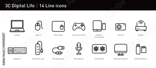 This 3C set showcases tech like laptops, keyboards, phones, and devices. Ideal for tech and design, with scalable vectors.