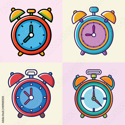 Colorful cartoon alarm clocks collection illustration-Set of four brightly colored cartoon alarm clocks in different designs, perfect for time management, waking up, or scheduling concepts.