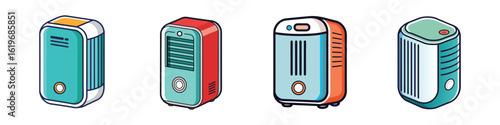 Air purifier icons collection-Set of colorful air purifier illustrations in different shapes and designs, representing home appliances for clean air, filtration, and healthy living.  