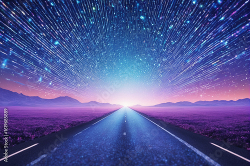 Road Under a Starry Meteor Shower Vector Illustration. Generative AI.