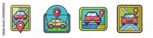 Car GPS navigation and location icons set-Collection of colorful icons showing cars with GPS map pins and navigation routes, representing car tracking, navigation, and location services.  