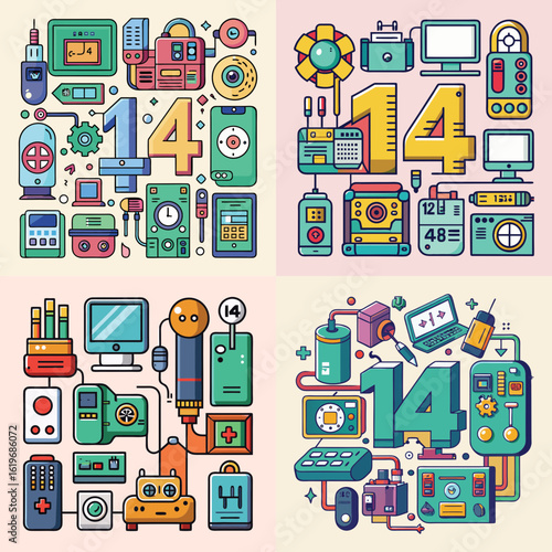 Colorful technology and electronics doodle set-Collection of colorful doodle-style illustrations of electronics and gadgets, including computers, cameras, robots, consoles, and devices arranged in de
