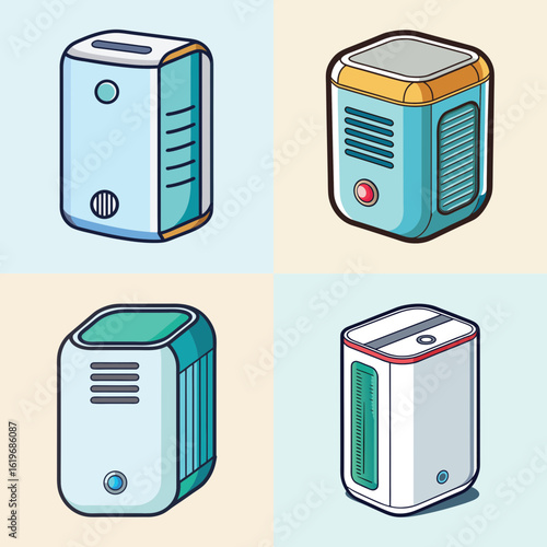 Cartoon air purifier and dehumidifier icons set-Set of cartoon-style illustrations of air purifiers and dehumidifiers in different colorful designs, representing home appliances for clean and fresh a