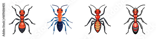 Cartoon ant illustrations set-Collection of cartoon ant illustrations in different colors and patterns, featuring detailed insect designs with a playful and decorative style.  