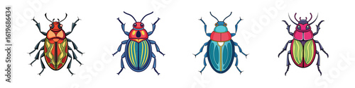 Colorful cartoon beetle icons set-Collection of colorful cartoon beetle icons with unique body patterns and vibrant colors, representing insects in a fun and decorative style.  