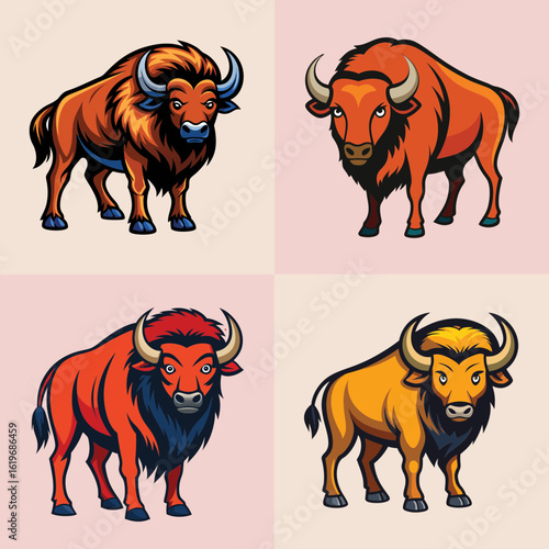 Cartoon bison illustrations set-Collection of cartoon bison illustrations in different colors and styles, featuring strong and powerful wild animals with horns and shaggy fur.  