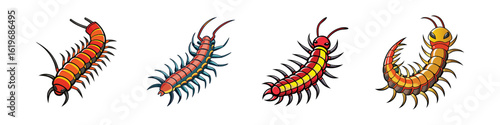 Cartoon centipede icons set-Collection of cartoon centipede icons in different colors and poses, featuring segmented bodies and multiple legs.  