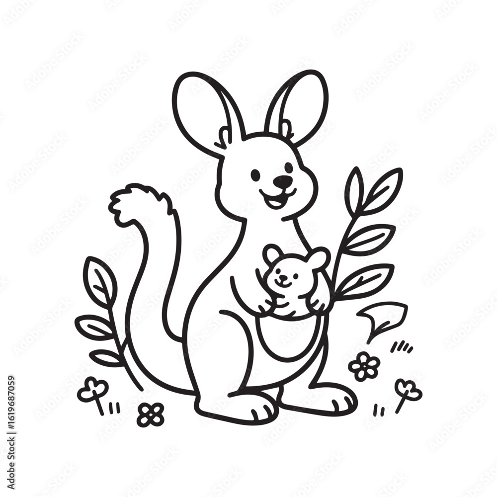 Obraz premium A black and white line art illustration of a cheerful kangaroo with a joey nestled safely in its pouch, both sporting playful smiles and endearing expressions. 