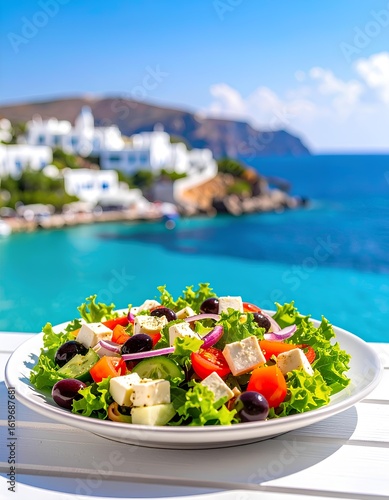 Fototapeta Naklejka Na Ścianę i Meble -  Colorful Greek Salad with feta cheese, olives, cucumber on white plate with the beach background