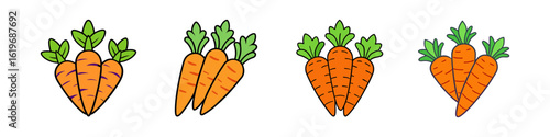 Fresh carrot illustrations with green tops-Set of illustrated orange carrots with leafy green tops, symbolizing healthy food, organic farming, fresh vegetables, and nutritious root crops.  
