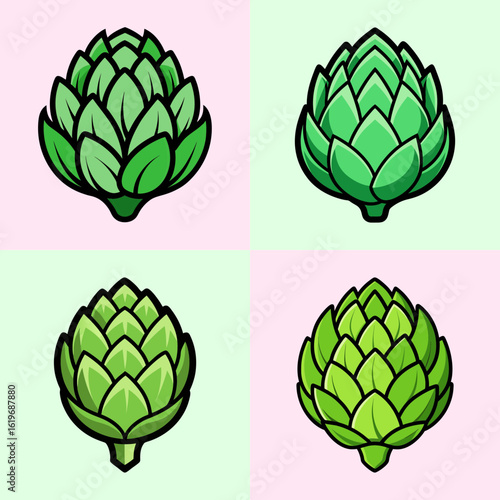 Green artichoke vegetable illustration set-Collection of illustrated green artichokes in different shades, symbolizing healthy food, vegetables, organic farming, cooking, and vegetarian cuisine.