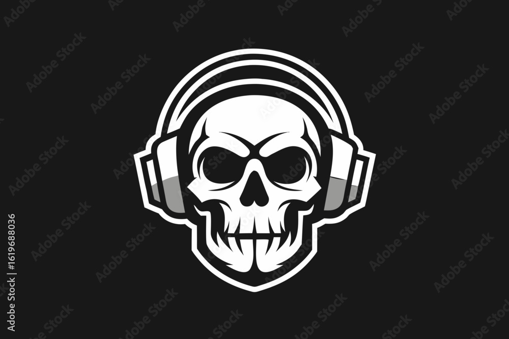 Fototapeta premium Stylized skull wearing headphones with a fierce expression on black background