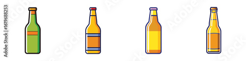 Beer bottles illustration with colorful labels-Illustrated set of beer bottles in green and amber colors with labels, symbolizing alcoholic beverages, breweries, and casual drinking culture.