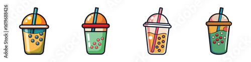 Colorful bubble tea cups with straws-Illustrated set of bubble tea cups with tapioca pearls and straws, representing trendy beverages, sweet refreshment, and modern drink culture.
