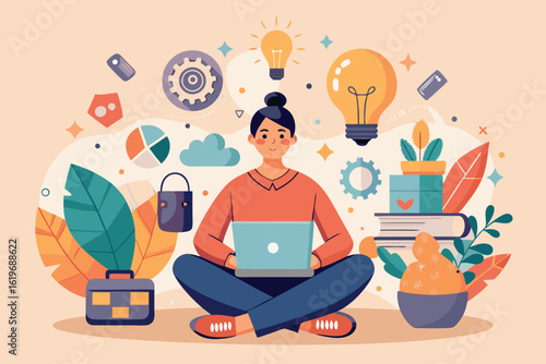 A woman sitting crosslegged with a laptop surrounded by creative elements