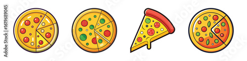 Cartoon Pizza Icon Set-Set of four cartoon-style pizza illustrations, featuring whole pizzas and a single slice with toppings like cheese, pepperoni, and vegetables.
