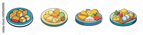 Cartoon Cheese Plate Icon Set-Set of four cartoon-style cheese plate illustrations, featuring assorted cheese cubes, slices, crackers, and fruits in colorful designs.