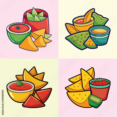 Cartoon Nachos and Salsa Illustration Set-Set of four colorful cartoon-style nachos illustrations, featuring tortilla chips served with salsa, guacamole, and dips in playful designs.