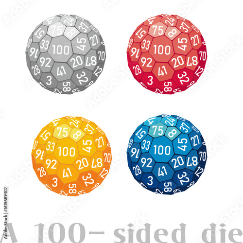 A colorful D100 dice set in vector style with four colors: gray, red, yellow, and blue. Great for RPGs, board games, fantasy designs, or probability-themed educational materials.