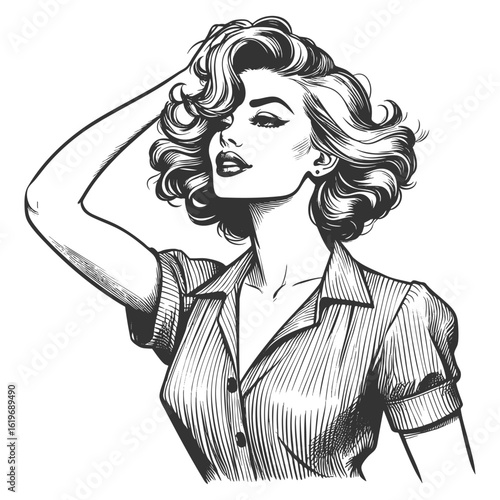 stylish woman in a button-up shirt, striking a bold pose with voluminous wavy hair sketch engraving generative ai fictional character vector illustration. Scratch board imitation. Black and white.