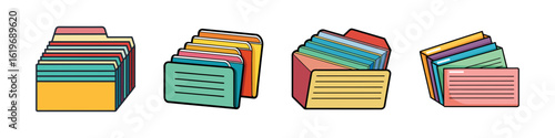 Colorful File Folder Icon Set-Row of four colorful cartoon-style file folders illustrated as vector graphics, representing office organization, documents, and paperwork storage.
