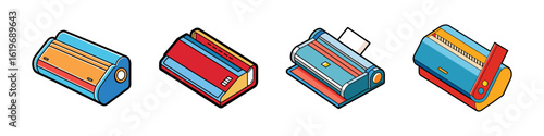Cartoon Printer Icon Pack-Row of four colorful cartoon-style printer icons illustrated as vector graphics, representing office printing machines and document equipment.