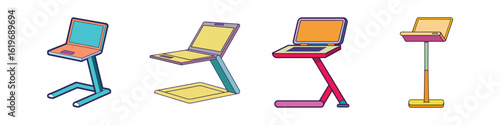 Adjustable Laptop Stand Icons Set-Collection of four colorful cartoon-style adjustable laptop stands, illustrated as vector graphics representing ergonomic office accessories and portable workstation
