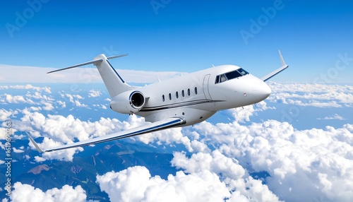 Private jet soaring above clouds and mountains
