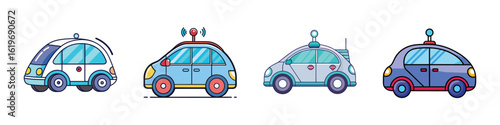 Autonomous Self-Driving Car Icon Set Illustration-Vector illustration of four futuristic autonomous self-driving cars in cartoon style, representing smart vehicles, AI transportation, and future mobi